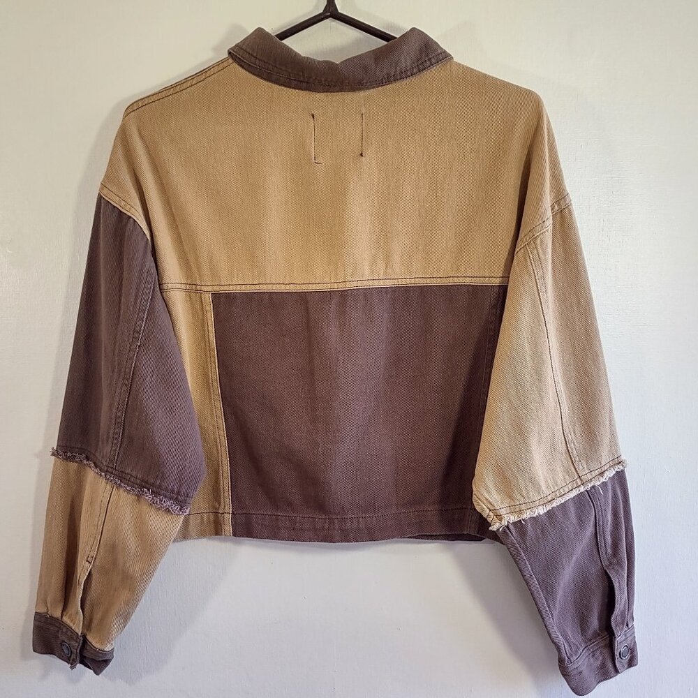 Angel Kiss Crop Brown Denim Jacket Colorblock Distressed Grunge Boxy Junior XL - Picture 5 of 6